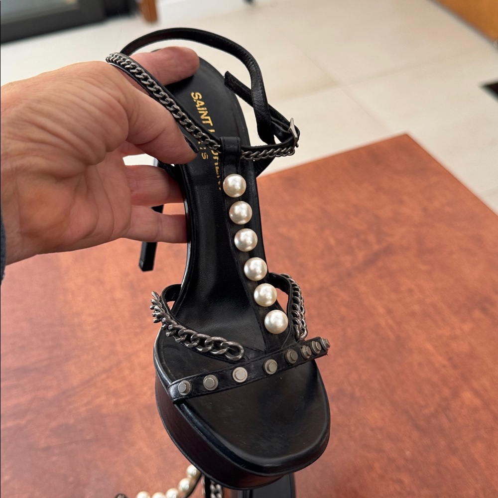 Saint Laurent Paris Pearl and Chain Black Stiletto Platform Sandals Sz 6.5 - Picture 5 of 8
